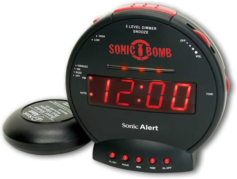 Sonic Bomb Dual Extra Loud Alarm Clock with Bed Shaker, Black |  Vibrating Alarm Clock Heavy Sleepers, Battery Backup | Wake with a Shake