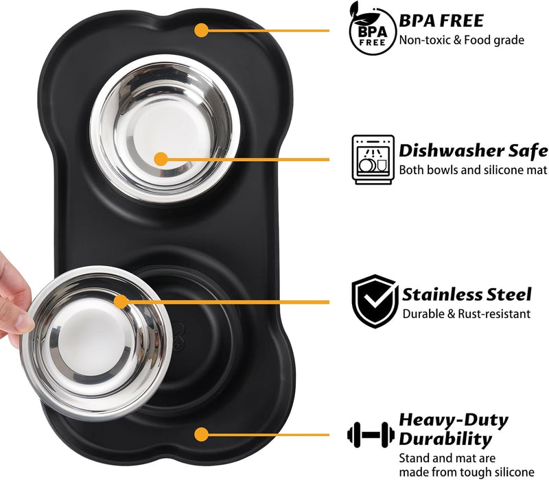 Pet Dog Bowls 2 Stainless Steel Dog Bowl with No Spill Non-Skid Silicone Mat + Pet Food Scoop Water and Food Feeder Bowl