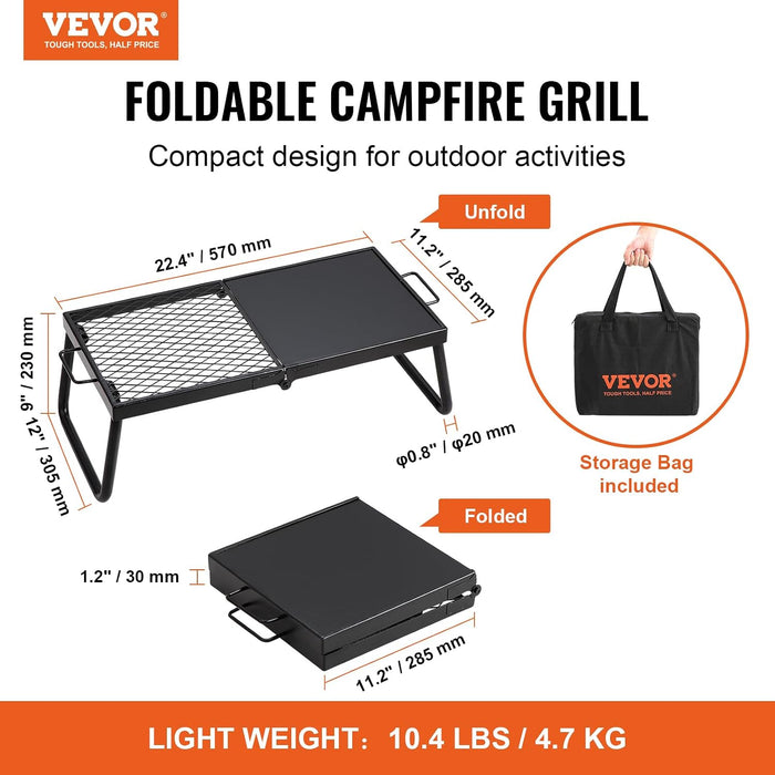 Folding Campfire Grill, Heavy Duty Steel Mesh Grate, 22.4" Portable Camping Grates Over Fire Pit, Camp Fire Cooking Equi