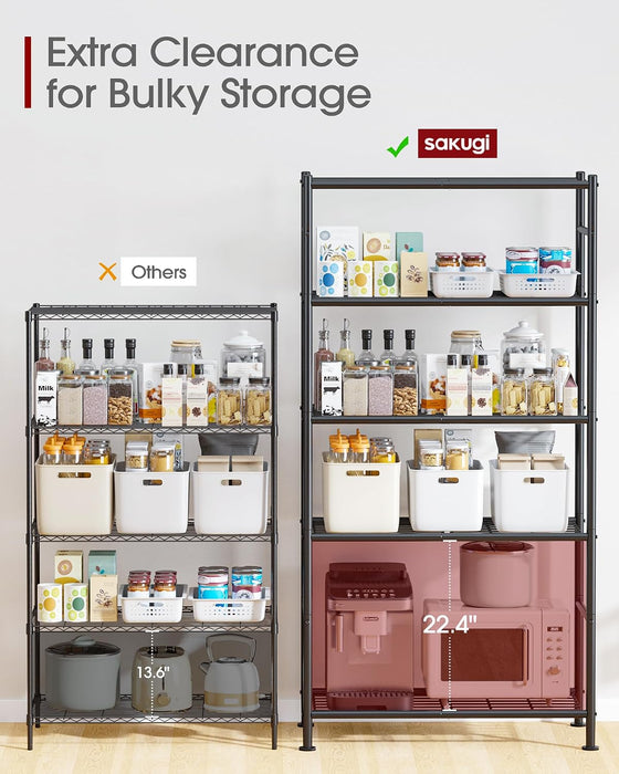 Storage Shelves - 5 Tier Shelf Organizer, Heavy Duty Garage Shelving Unit with Leveling Feet, Stable Metal Shelves Organ