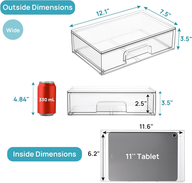 Clear Stackable Storage Drawers, 2 Pack Wide Plastic Organizers