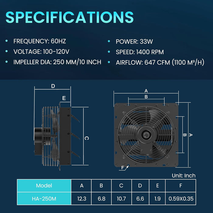 Upgraded 10 Inch Shutter Exhaust Fan with Speed Controller, 647CFM High-Speed Vent Fan with Mesh Screen, 1400RPM Wall Mounted Attic Fan for Shed, Garage, Greenhouse Ventilation, Black