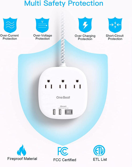 Travel Essentials, 22.5W/4.5A Flat Plug Power Strip, 6 Ft Extension Cord