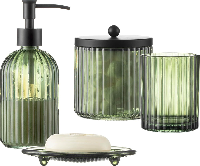 4PCs Heavy Weight Decent Glass Bathroom Accessories Set with Decorative Pressed Pattern - Includes Hand Soap Dispenser & Tumbler & Soap Dish & Toothbrush Holder (Green)