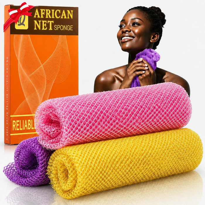 3 Pack African Net Sponge, African Exfoliating Net Bath Sponge Long Net Bath Sponge Exfoliating Shower Body Scrubber Back Scrubber Skin Smoother,Great for Daily Use (Pink,Yellow,Purple)