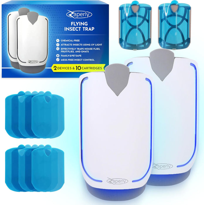 2 Fruit Fly Traps & 10 Adhesive Cartridges, Indoor Plug-in Bug Catcher, UV Light Fly Trap Captures Fruit Flies, Gnats, H