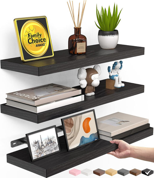 Black Floating Shelves 15.7in, Set of 3, Wall Mount Rustic Wood Shelf