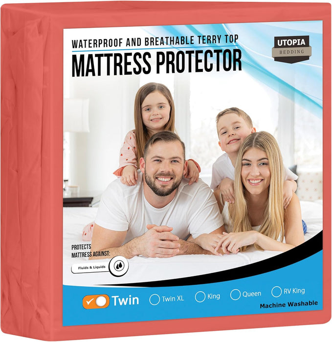 Waterproof Mattress Protector Twin Size, Premium Terry Mattress Cover 200 GSM, Breathable, Fitted Style with Stretchable Pockets (White)