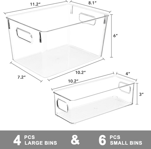 Set of 10 Clear Plastic Storage Bins, 4 Large and 6 Small Stackable Storage Containers for Pantry Organization, Organize