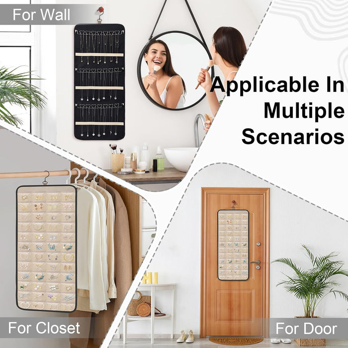 Double-Sided Hanging Jewelry Organizer, Large Black Storage Roll for Earrings, Necklaces, Rings, 48 Pockets 21 Hooks, Durable Oxford Fabric for Closet, Wall, Door, 1 piece, Jewelry Not Included