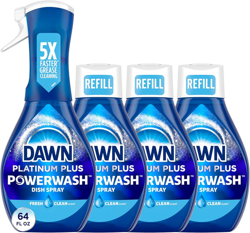 Powerwash Spray, Dish Soap, Dishwashing Liquid, Fresh, 1 Starter Kit + 3 Refills, 4x16 Fl Oz