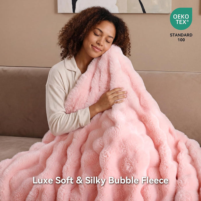Faux Rabbit Fur Throw for Couch - Blush Pink Bubble Blanket 50"x60"