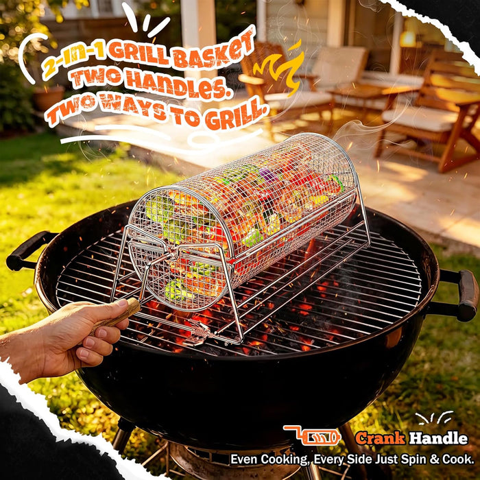 2-in-1 Rolling Grill Basket 304 Stainless Steel Rotatable with Dual Handles