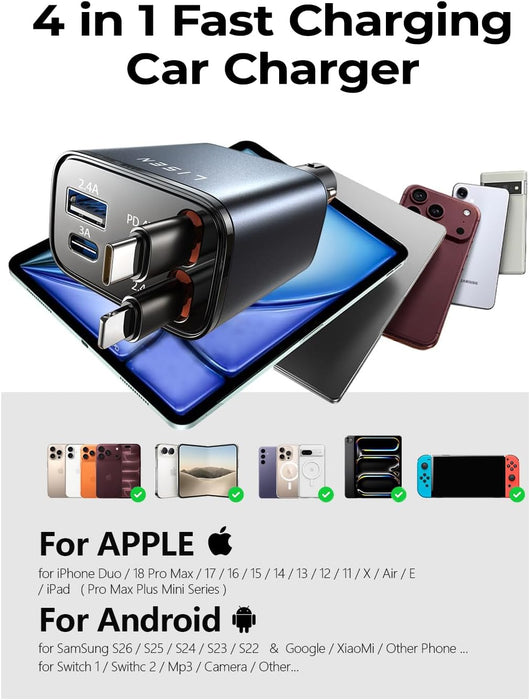 Retractable Car Charger, 84W Car Charger USB C Fast Charge, 4 in 1