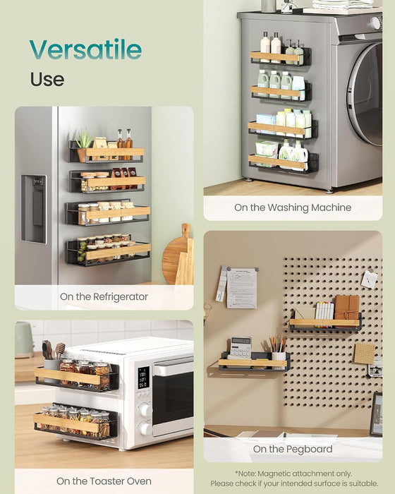 4-Pack Strong Magnetic Real Bamboo Spice Racks for Fridge