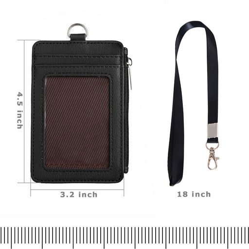 Black ID badge holder and lanyard with dimensions