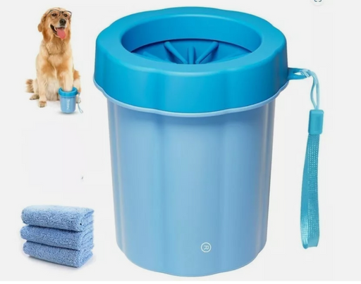 Blue portable dog paw cleaner with detachable brush