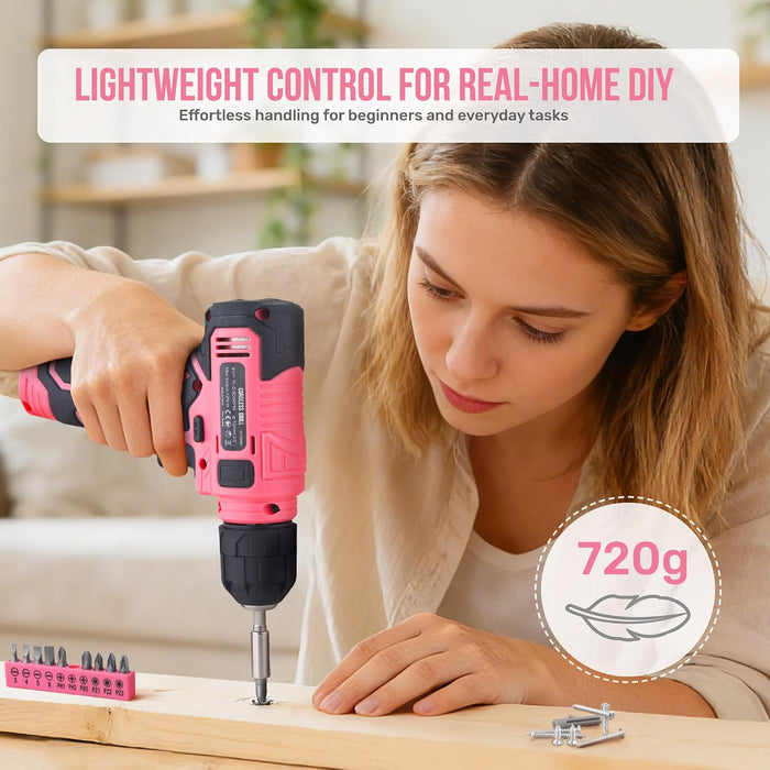 8V Cordless Drill Set & Starter Tool Kit for Women, Pink
