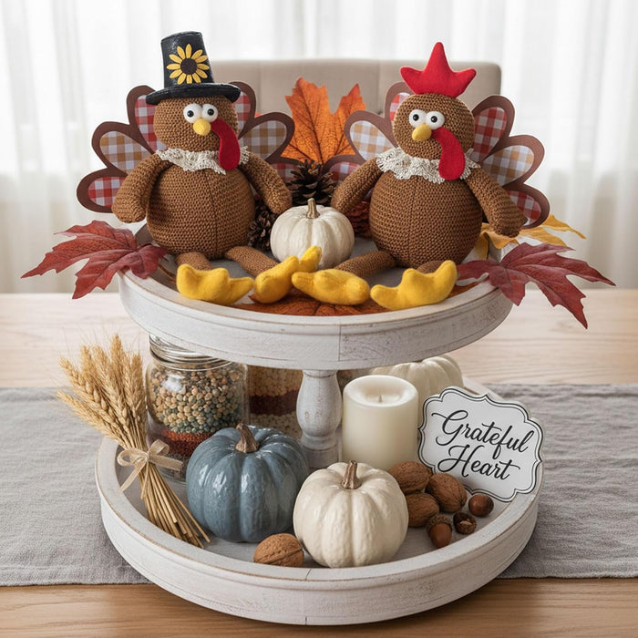 Thanksgiving Decorations Set of 2 Turkeys with Dangling Legs, Turkey Couple Doll Plush Kit Tabletop Centerpieces for Fal