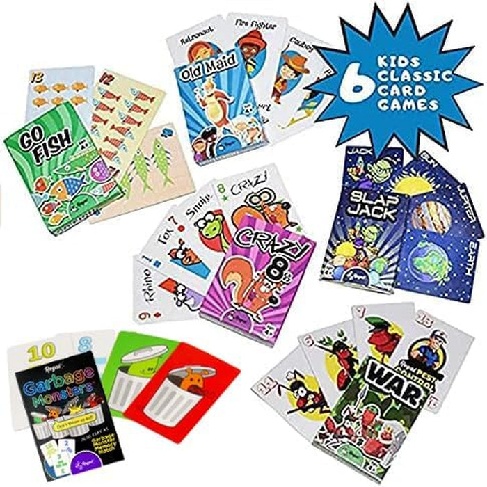 Card Games for Kids - Go Fish, Crazy 8's, Old Maid, Slap Jack, Garbage Monster, War - Simple & Fun Classic Family Table Games - Games May Vary (6 Set)