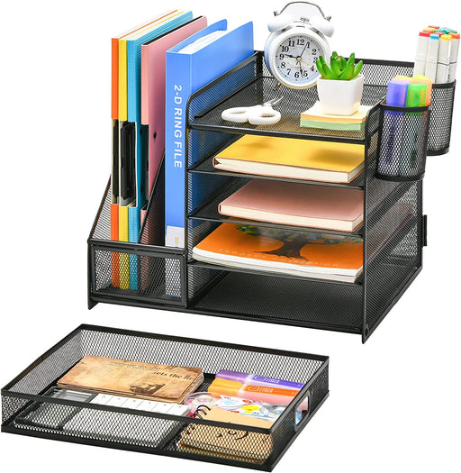 Desk Organizer with File Holder, 5-Tier Paper Letter Tray Organizer with Drawer and 2 Pen Holder, Mesh Desktop Organizer
