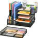 Desk Organizer with File Holder, 5-Tier Paper Letter Tray Organizer with Drawer and 2 Pen Holder, Mesh Desktop Organizer