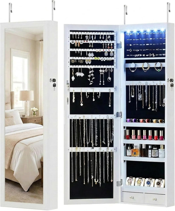 6 LEDs Mirror Jewelry Cabinet, Wall or Door Mounted Jewelry Organizer, 47.2-Inch Tall Lockable Large Capacity Cosmetic Storage, Gift Idea, White