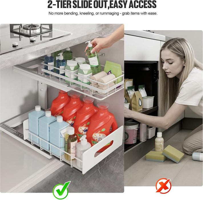 Under Sink Organizer Upgrade To Professional Rails,2-Tier Dual Pull Out Cabinet Storage,Height Adjustable Slide Out Draw