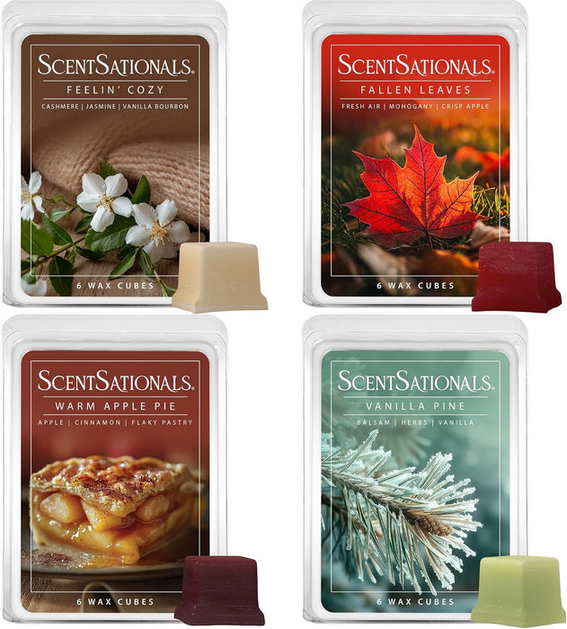 Fall Wax Melts - Harvest Home 4-Pack – Long Lasting Wax Cubes with Strong Scent for Warmers – Includes Warm Apple Pie, Vanilla Pine, Fallen Leaves & Feelin Cozy - 10oz (24-Cubes)