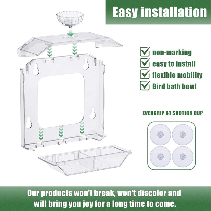 Clear Window Bird Feeder with Strong Suction Cups – Clear Bird Feeding Station with Dual Seed Tray & Water Bowl – Easy t
