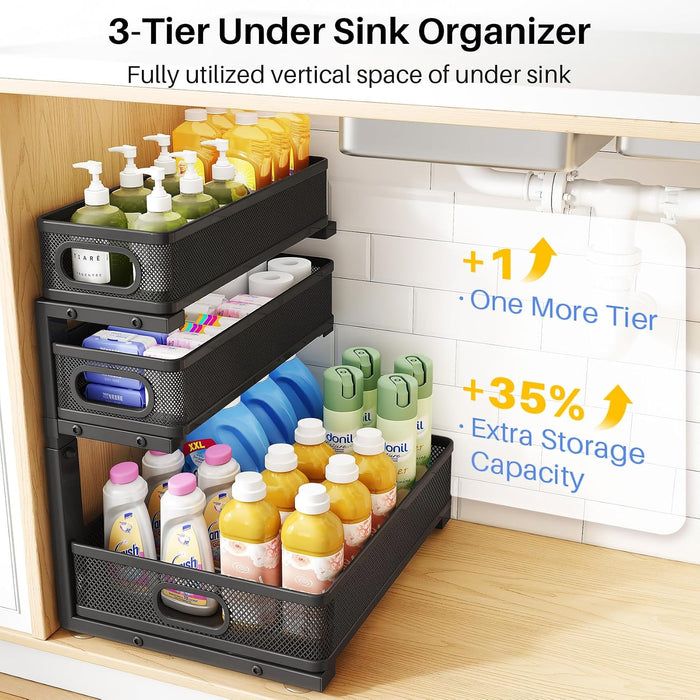 Under Sink Organizer, 3-Tier Thickened Metal Pull out Cabinet Organizer Shelf, Height Adjustable Slide out Storage Drawe