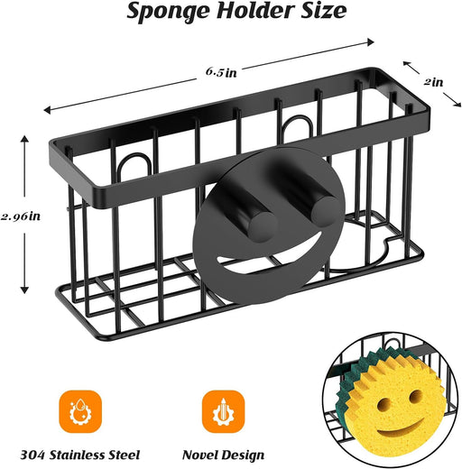 Sponge Holder Smiley Face, Sink Organizer with 2 Suction Cups/1 Adhesive Strips, Designed for Sponge, Soap, Dish Brush, Scrubber - Black