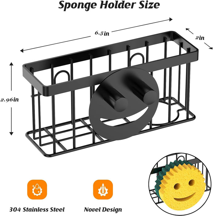 Sponge Holder Smiley Face, Sink Organizer with 2 Suction Cups/1 Adhesive Strips, Designed for Sponge, Soap, Dish Brush, Scrubber - Black