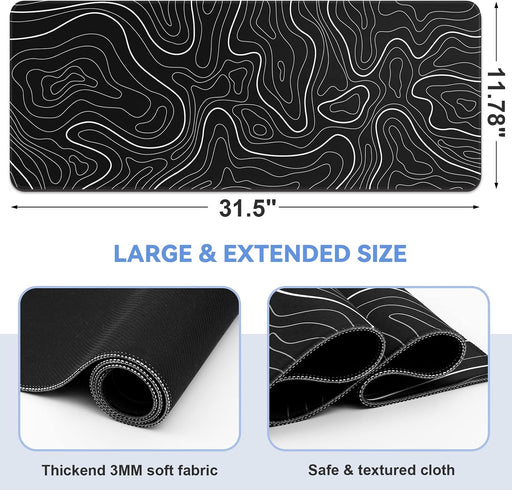 Gaming Mouse Pad, Black with White Topographic Line, 31.5x11.8in