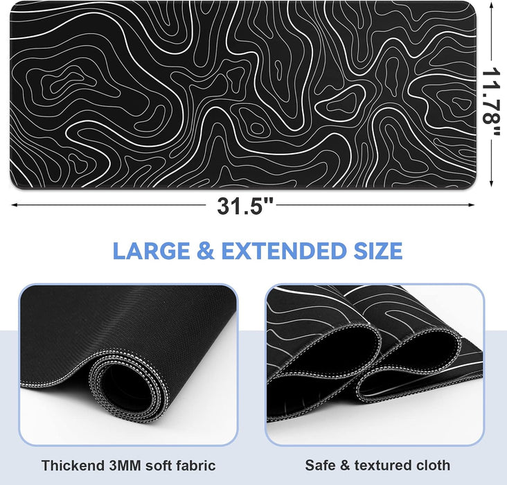Gaming Mouse Pad, Black with White Topographic Line, 31.5x11.8in