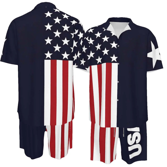 Men'S Fashion 2-Piece Matching Shortsleeve Collared Neck Tropical Set - Casual Stylish Flag Pattern Shirt & Bottoms, Loose Fit, plus Size Hawaiian Patriotic Streetwear for 4Th of July