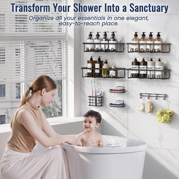 8 Pack Adhesive Bathroom Holders & Dispensers for Kids & Adults, Black