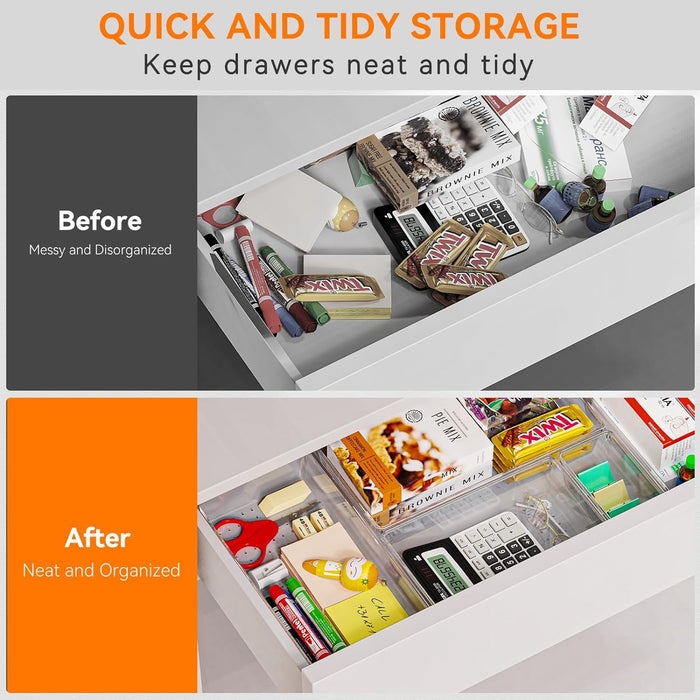 6 Pack Large Clear Plastic Drawer Organizer Trays, Acrylic Kitchen Drawer Organization and Storage Dividers, Non-Slip St