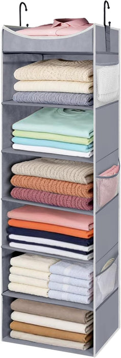 6-Shelf Hanging Closet Organizer and Storage with Side Pockets, Collapsible Closet Hanging Shelves for Storage, Grey