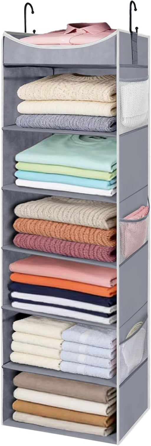 6-Shelf Hanging Closet Organizer and Storage with Side Pockets, Collapsible Closet Hanging Shelves for Storage, Grey