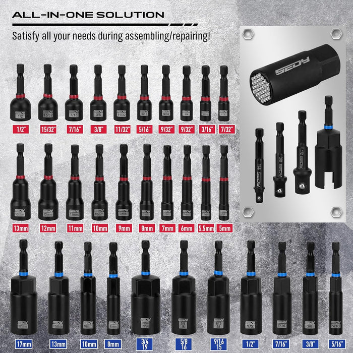 80-Piece Premium Magnetic Impact Nut Driver Set Metric & SAE with Socket Adapters, Bit Holder, Wing Nut Driver, Universa