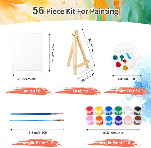 8 Pack 8 * 10In Canvas Boards for Painting, Art Canvas for Drawing with 16 Brushes & 8 Paint Trays & 16 Acrylic Paint, Mini Painting Canvas with Easel Set, Painting Kits for Adults Party