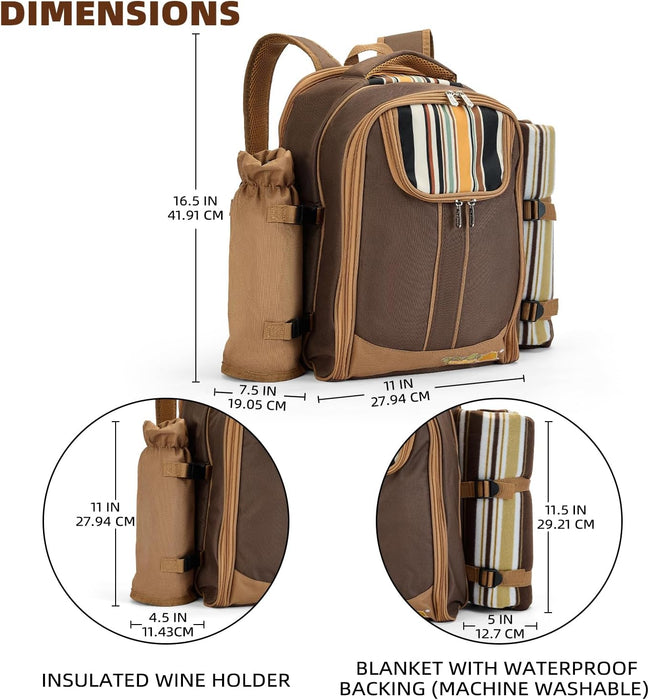 Picnic Backpack, 4-Person with Blanket & Wine, Family & Lovers Gift, Brown
