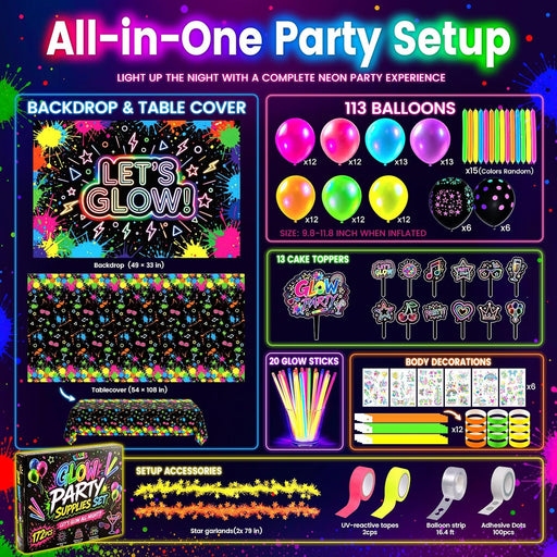192PCS Glow in The Dark Party Decorations Kit with 113 Balloons
