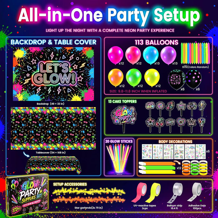 192PCS Glow in The Dark Party Decorations Kit with 113 Balloons