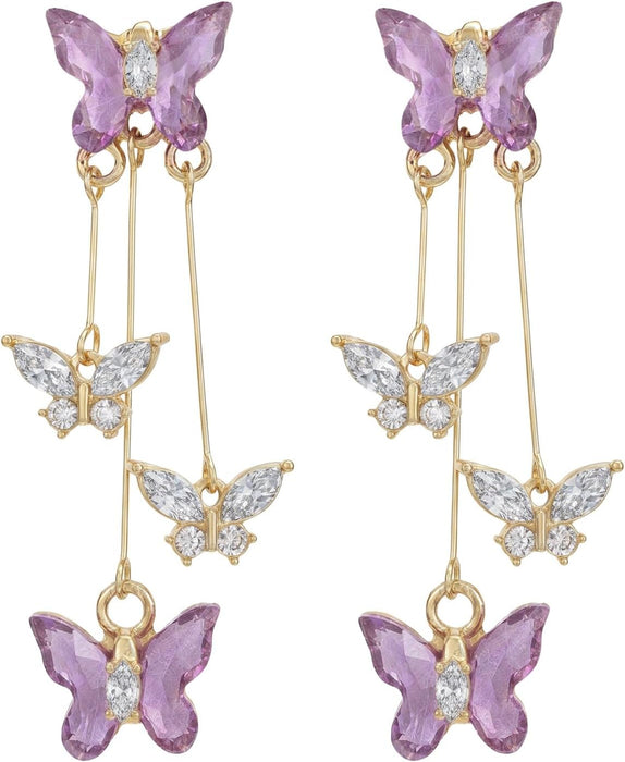 Purple Butterfly Earrings, Crystal Butterfly Tassel Earrings