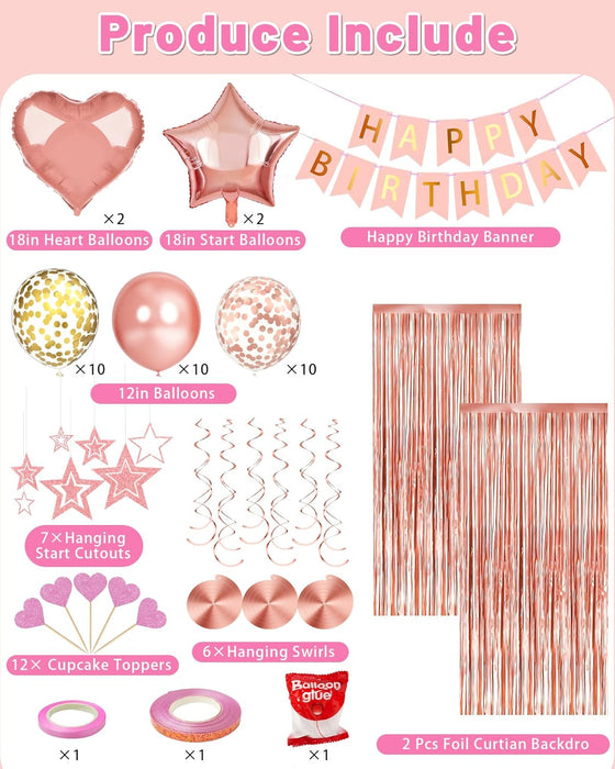 Rose Gold Happy Birthday Party Decorations with Banner Balloons for Women