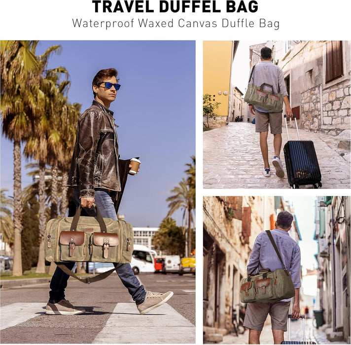 Waxed Canvas Duffle Bag - 50L Weekender Overnight Travel Bag