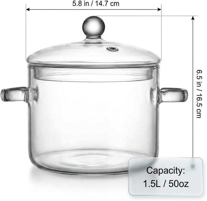 Clear Glass Pot, 1.5L, Cooking Pot with Lid and Handle, Clear Saucepan, Resistant Borosilicate Pot, Glass Saucepan for Cooking On Stove - Ideal for 1 People (50oz)