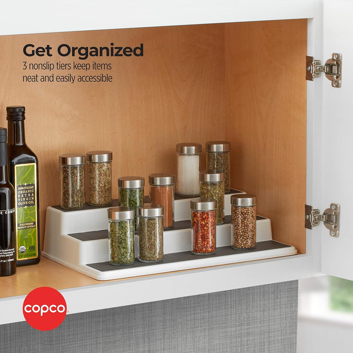 3-Tier Spice Rack Organizer for Cabinet - 15 Inch Non-Skid Pantry Organizer and Storage Shelf for Spices, Canned Goods, Seasonings - White and Gray Kitchen Cabinet Organizer